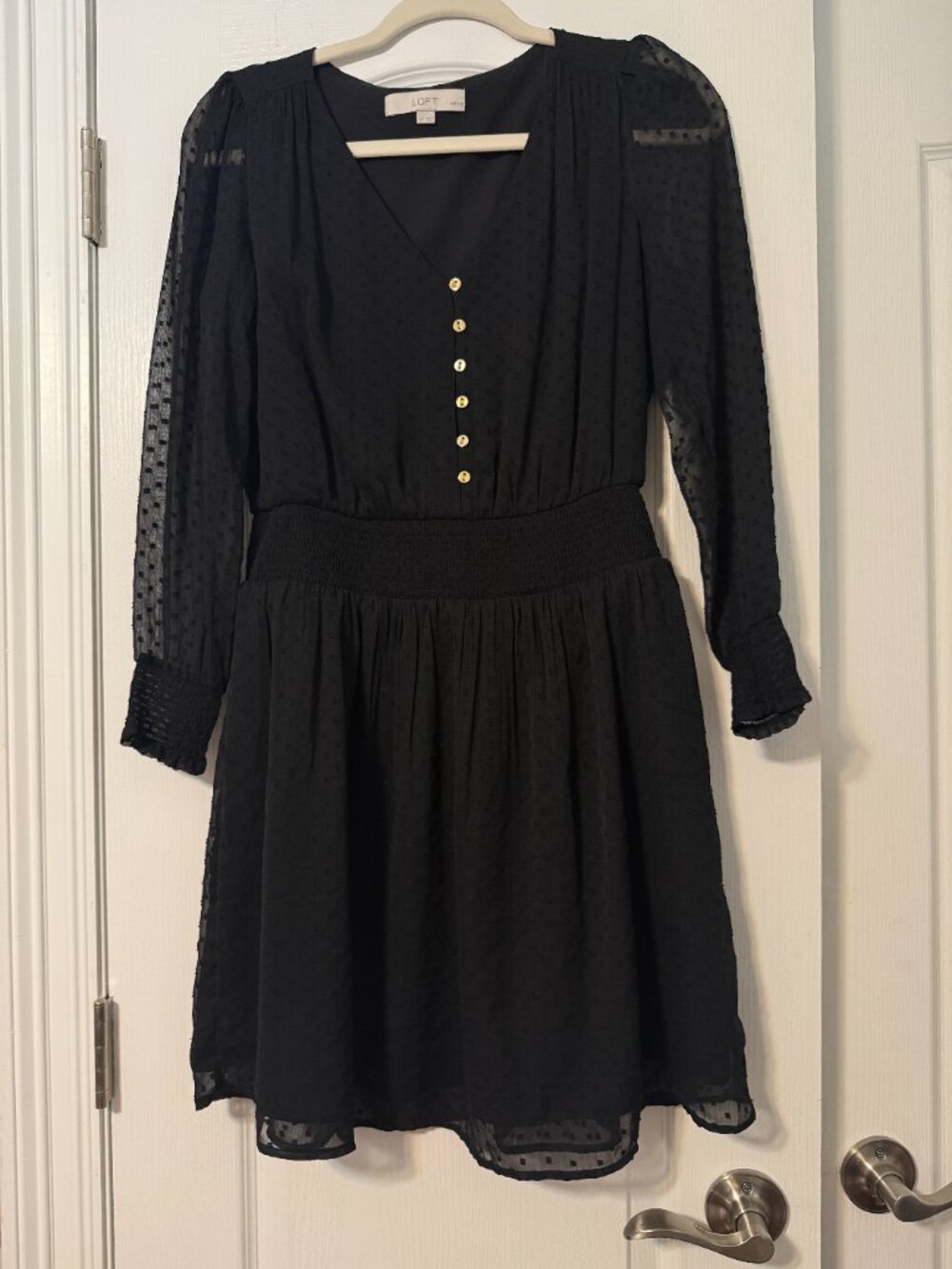 Loft Petites Black Swiss Dot Long Sleeve Dress, Size SP